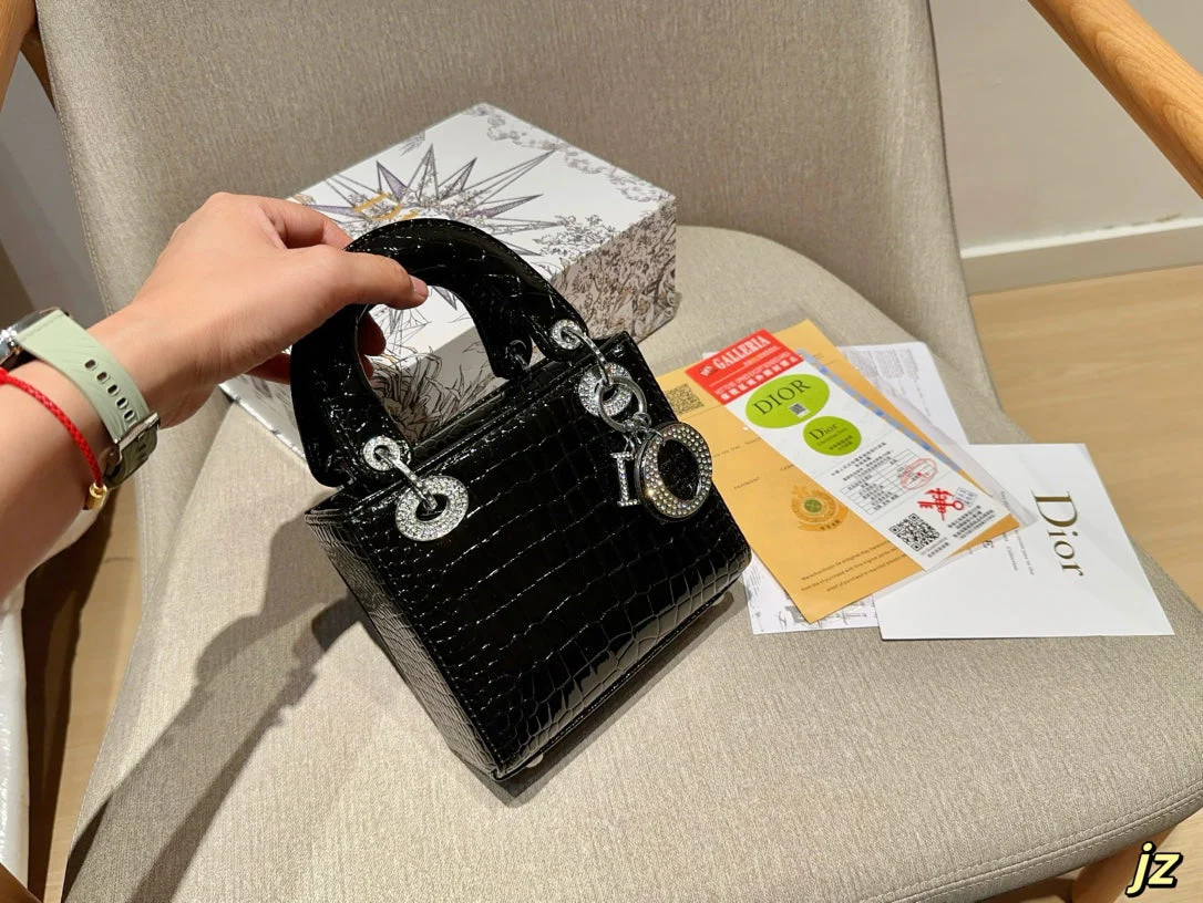 Crocodile-effect patent leather handbag with rhinestones