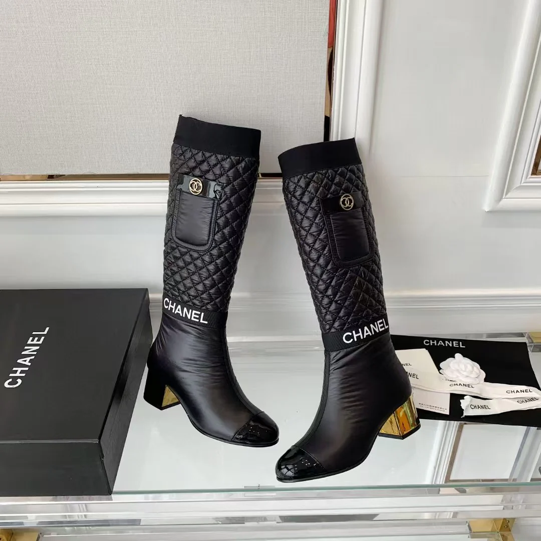 Diamond-patterned leather patchwork thick-heeled boots, heel height 5cm