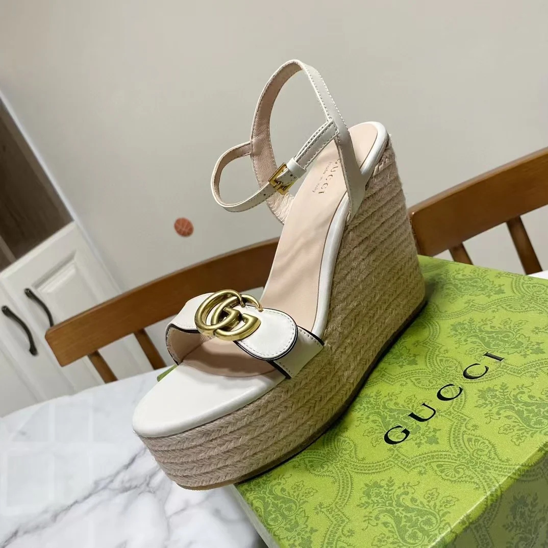 High-heeled wedge-heeled straw woven leather sandals Heel height 10.5cm