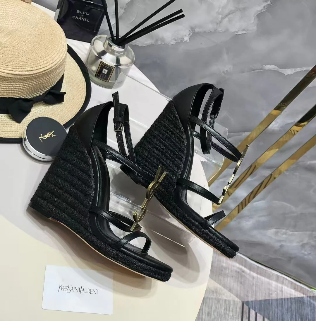 High-heeled wedge-heeled straw woven leather sandals Heel height 10.5cm