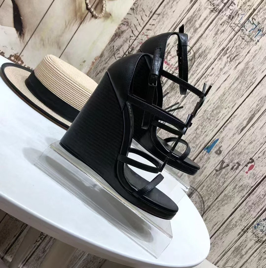 High-heeled wedge leather sandals Heel height 10.5cm