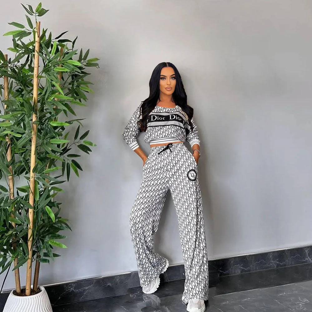 Fashion casual trend thread suit Long-sleeved loose wide-leg pants two-piece set