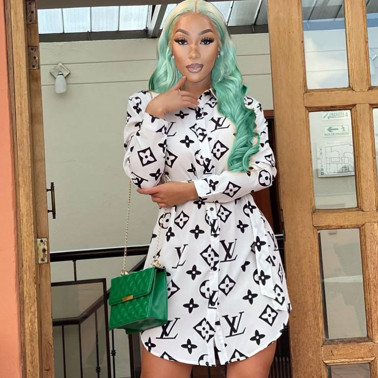 Casual fashion temperament long-sleeved printed simple letter lace stand-up collar shirt skirt