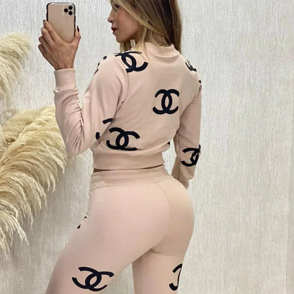 Autumn and winter printed fashionable navel-baring casual long-sleeved trousers suit