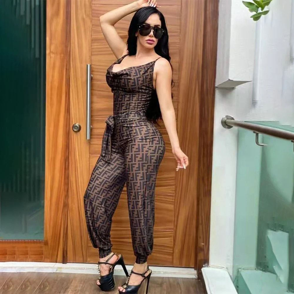 Temperament casual fashion simple straight loose type printed suspender jumpsuit