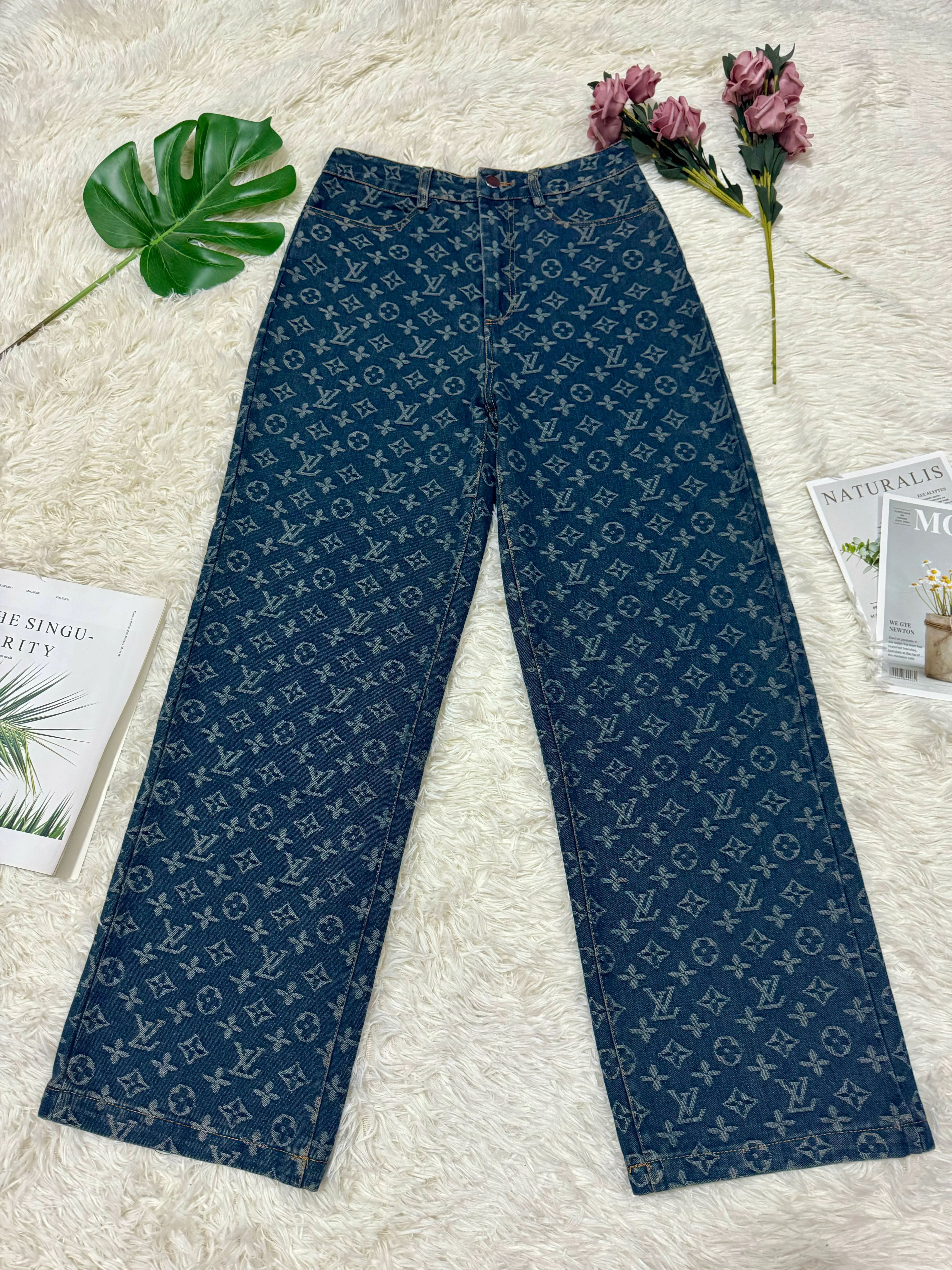 Slim-fit jacquard wide-leg long jeans
