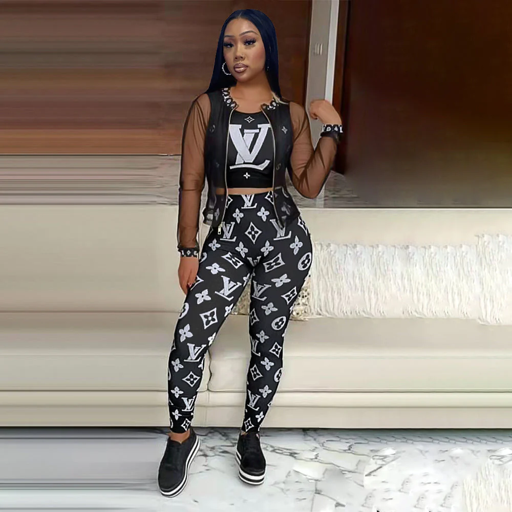 Sexy mesh jacket printed long-sleeved temperament tight vest three-piece set