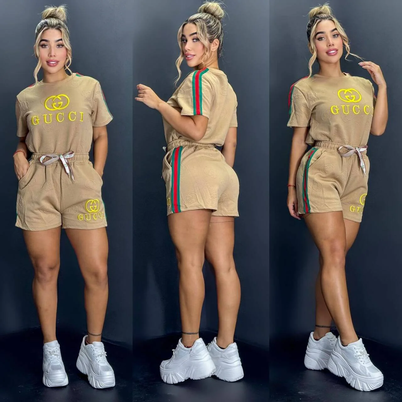 Embossed + Embroidered Short Sleeve Shorts Set