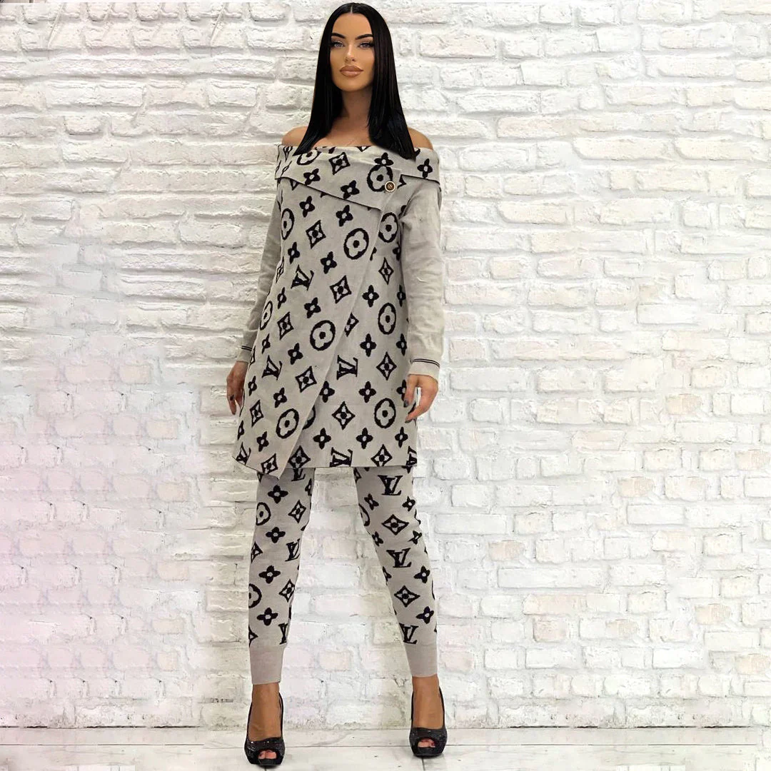 Outdoor casual fashion print winter long-sleeved trousers one-shoulder suit