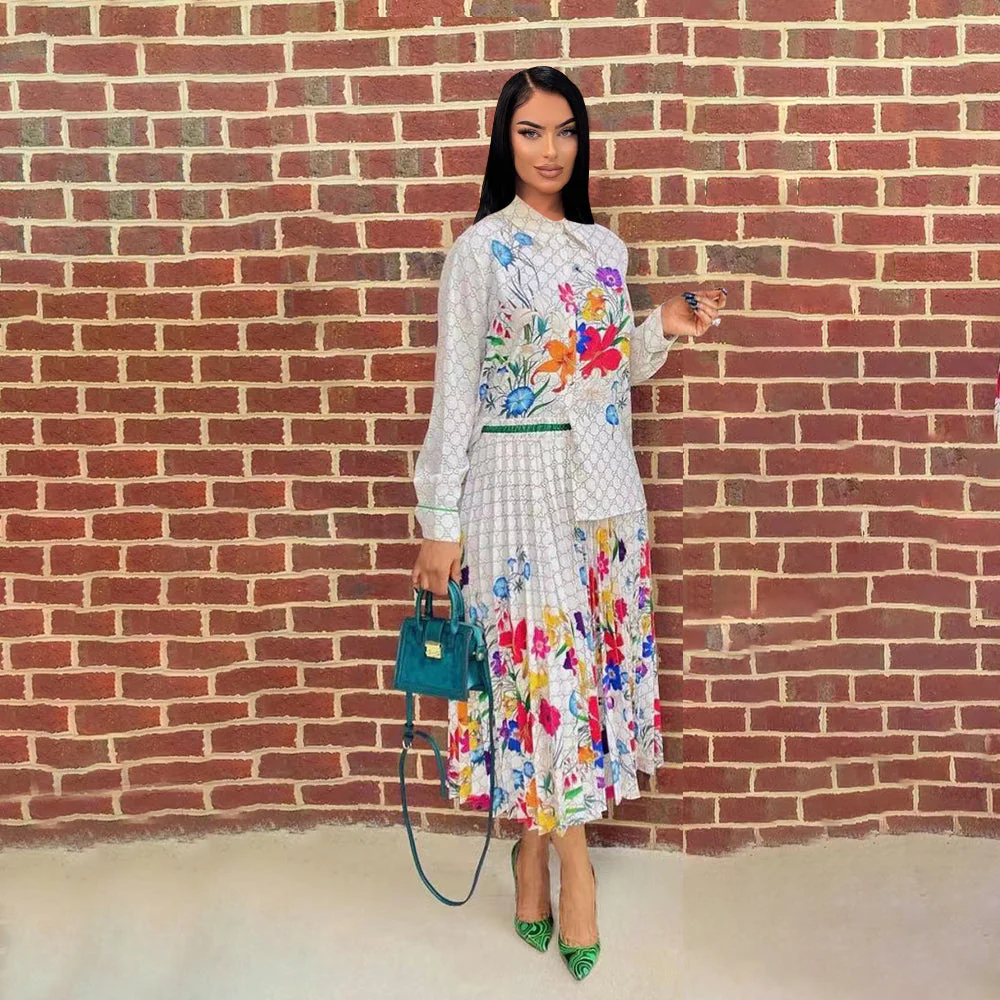 Autumn and winter new style chiffon long-sleeved shirt mid-length pleated skirt two-piece set