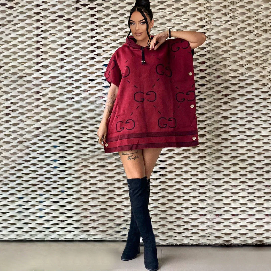 Printed loose hooded buttoned wool coat dress