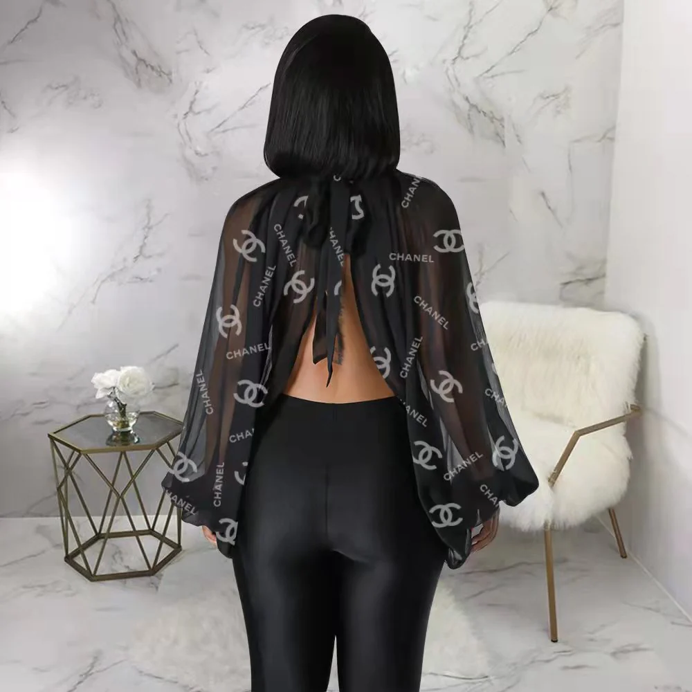 Summer new shawl strap sexy fashion see-through mesh bat sleeve top