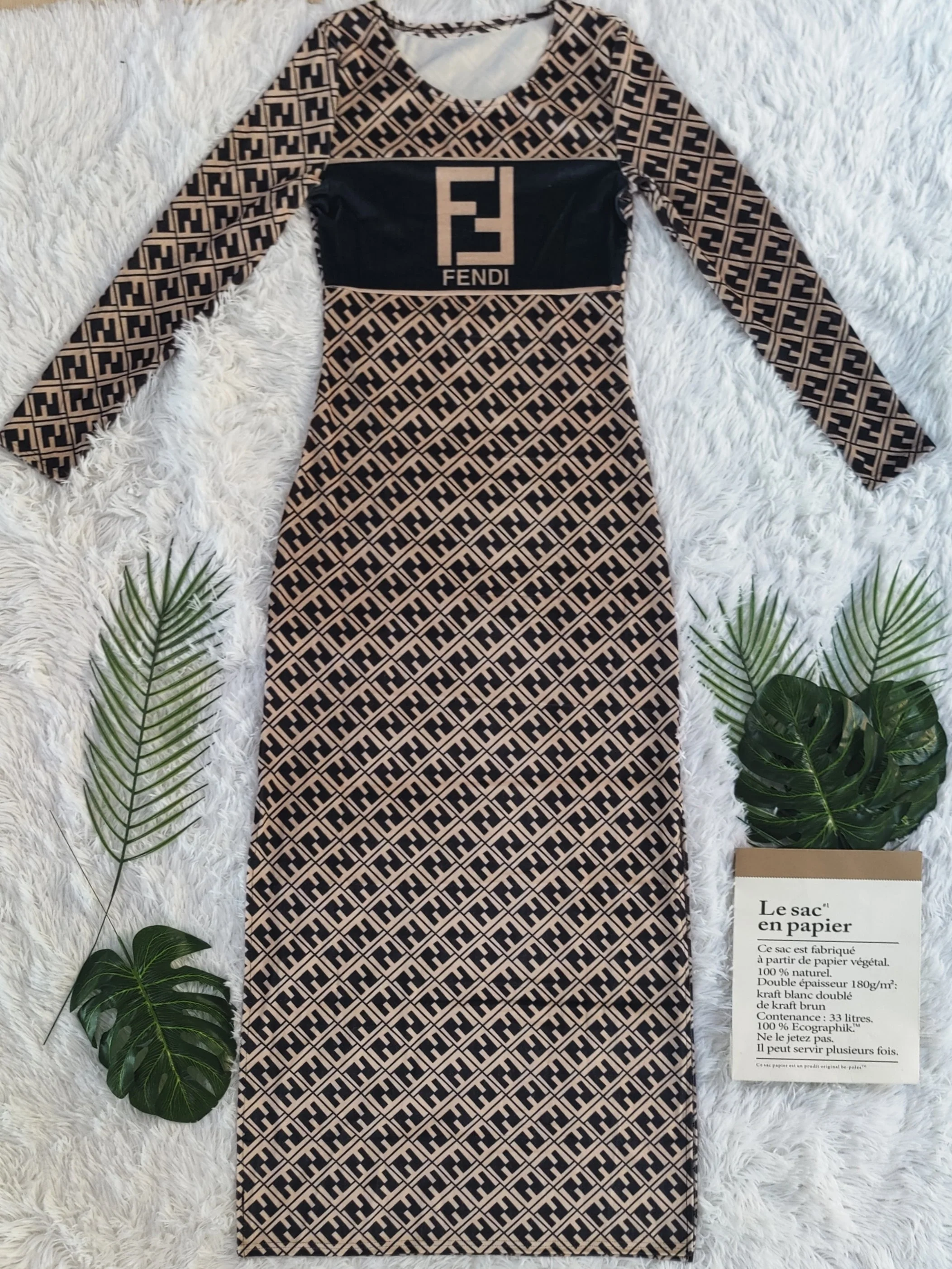 Party casual fashion print slit soft warm Korean velvet winter long-sleeved dress