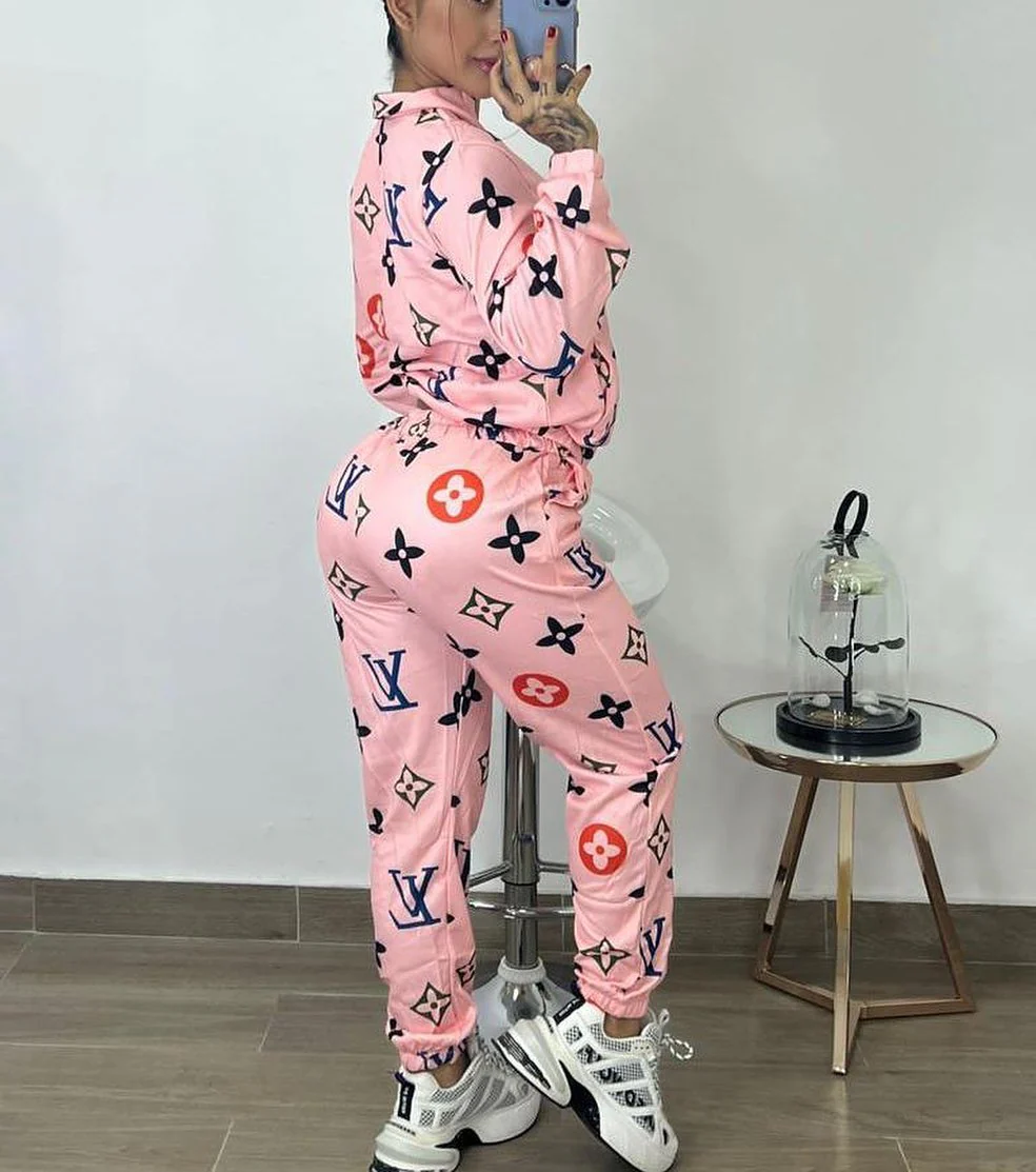 Outdoor sexy fashion print pocket zipper jacket two-piece set
