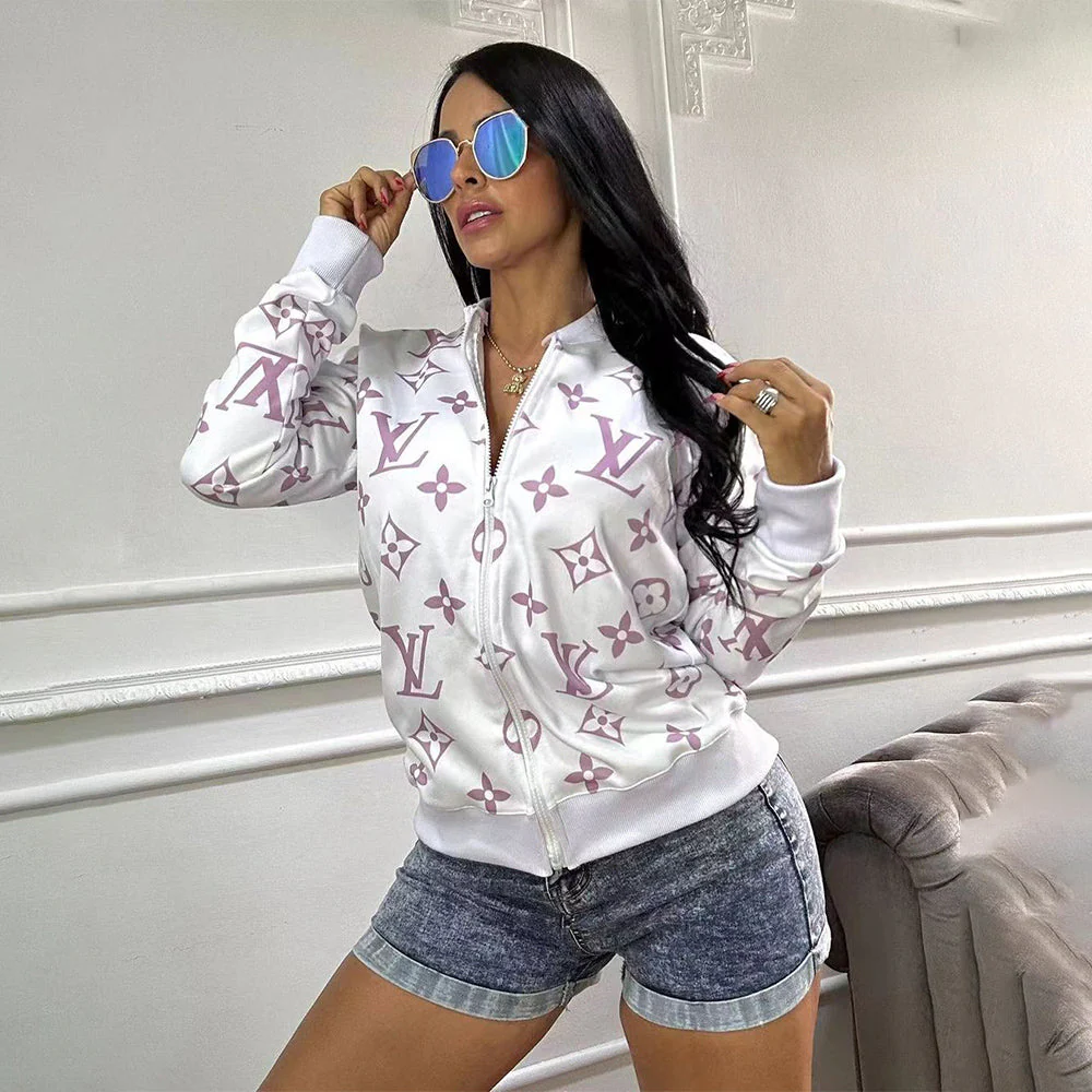 Casual Jacket Printed Zipper Double Ribbed Jacket