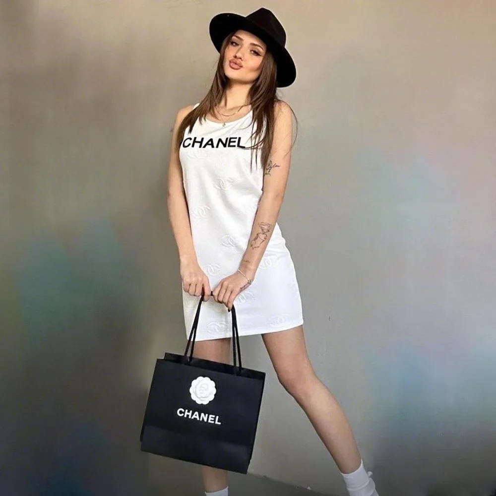 Letter Embossed Embroidery Sleeveless Dress