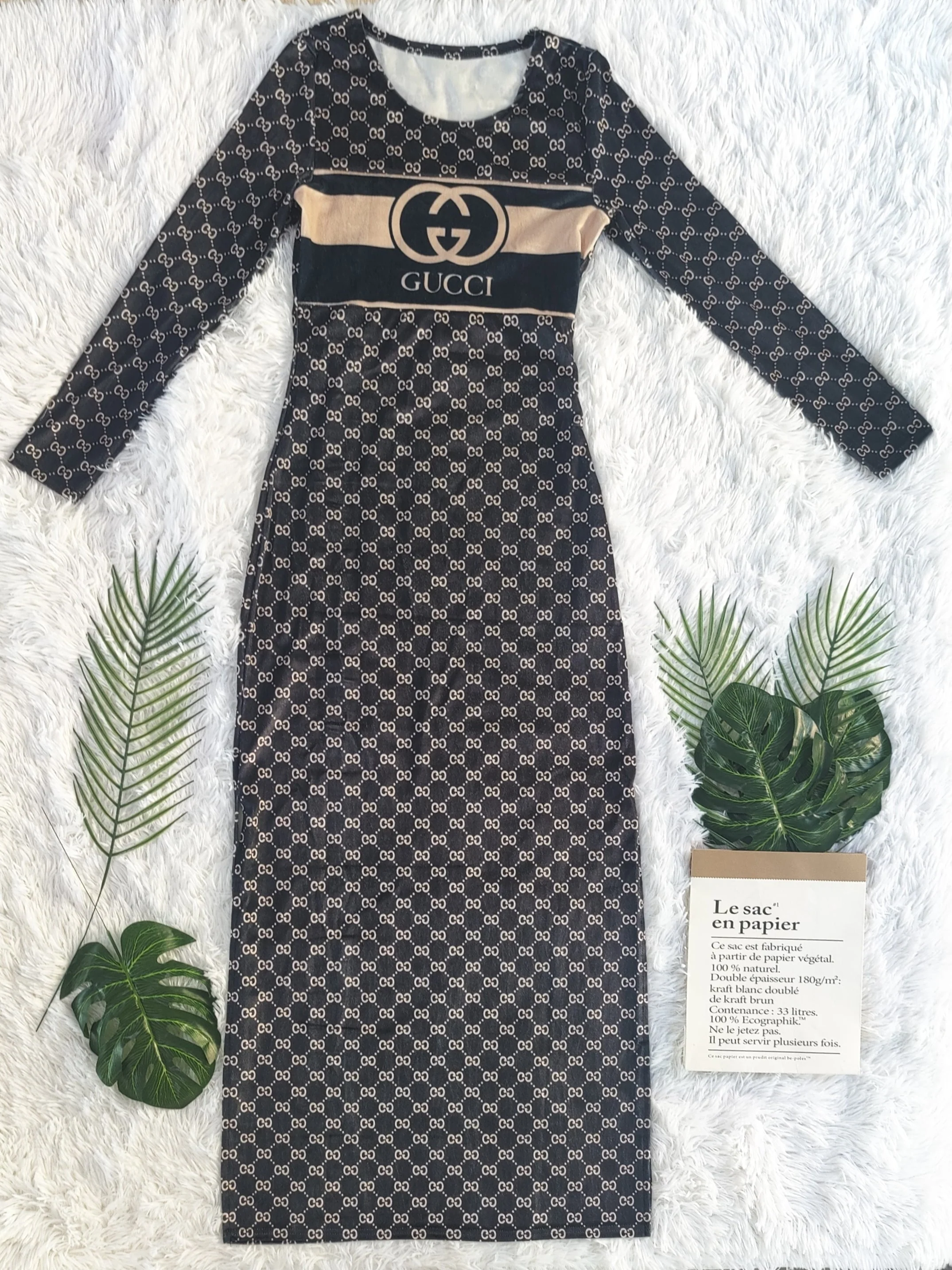 Party casual fashion print slit soft warm Korean velvet winter long-sleeved dress