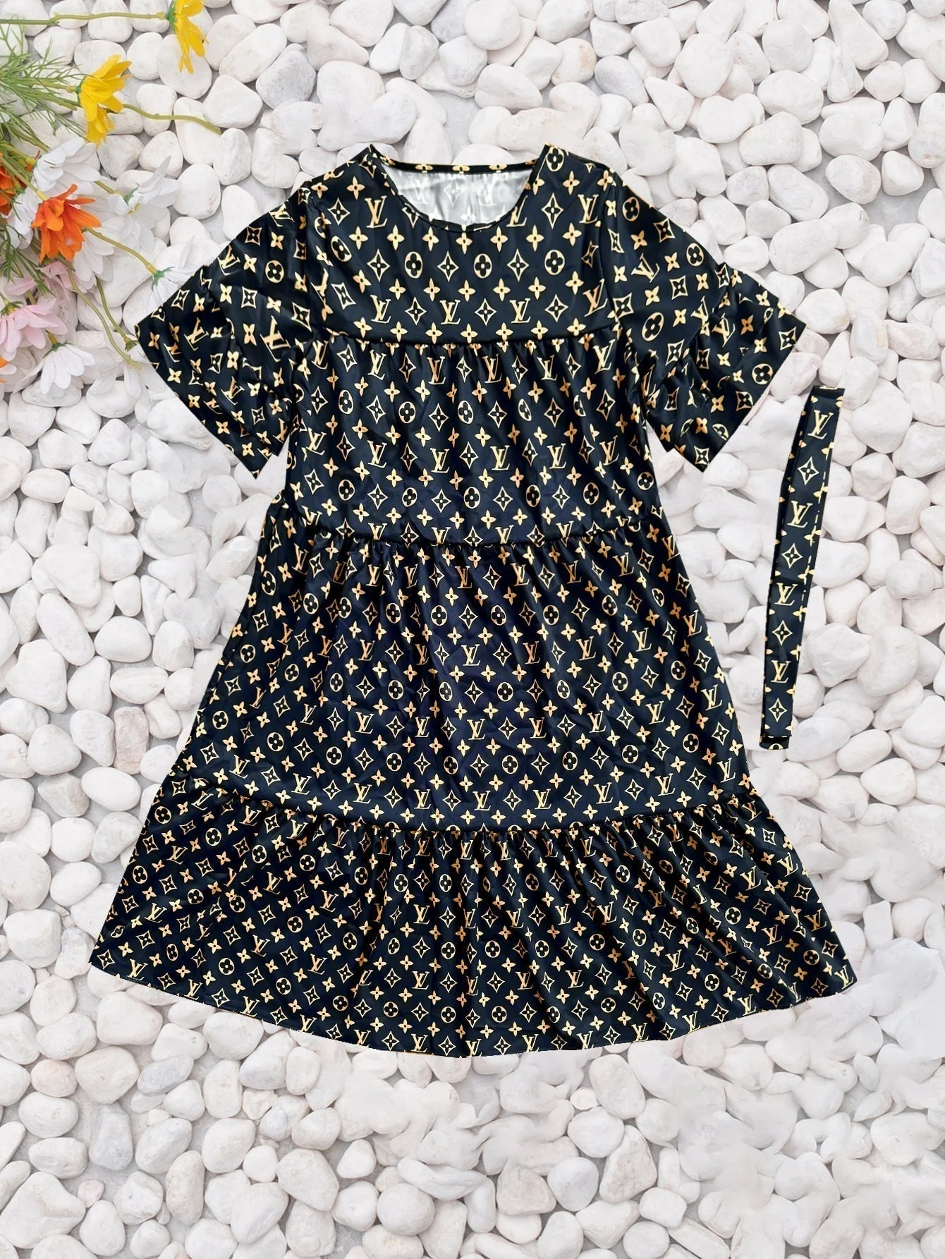 Spliced flying sleeves lace-up dress