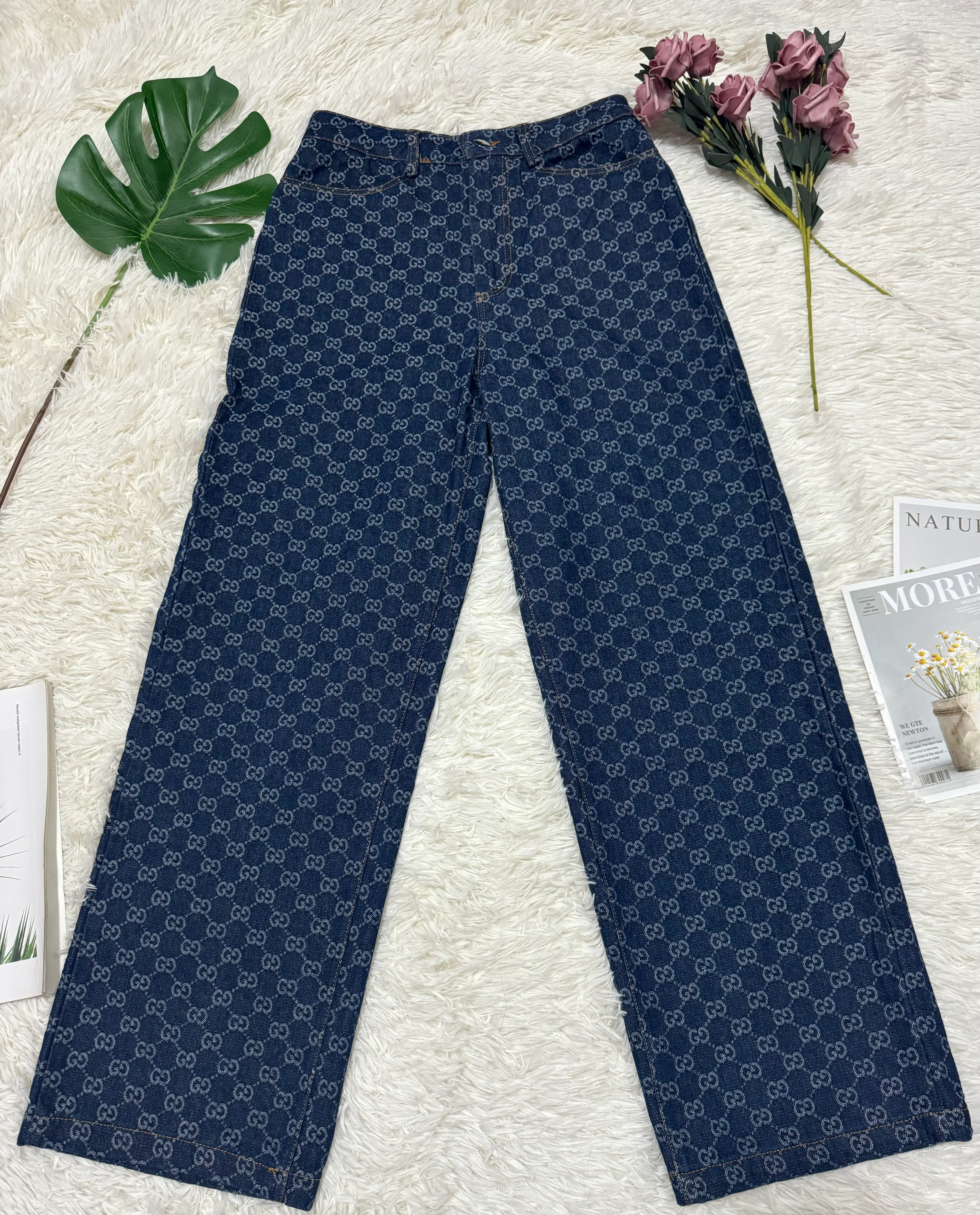 Slim-fit jacquard wide-leg long jeans