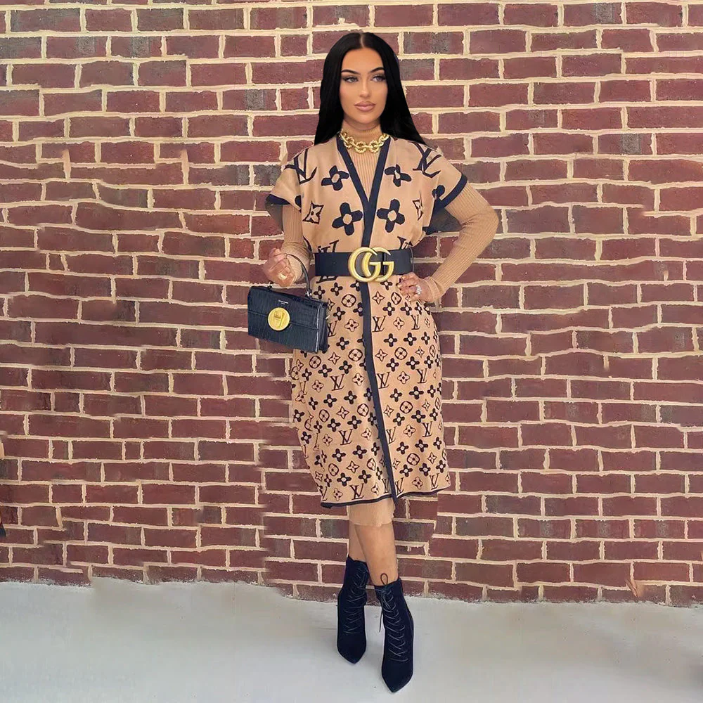 Printed thickened long short-sleeved vest cape autumn and winter temperament coat