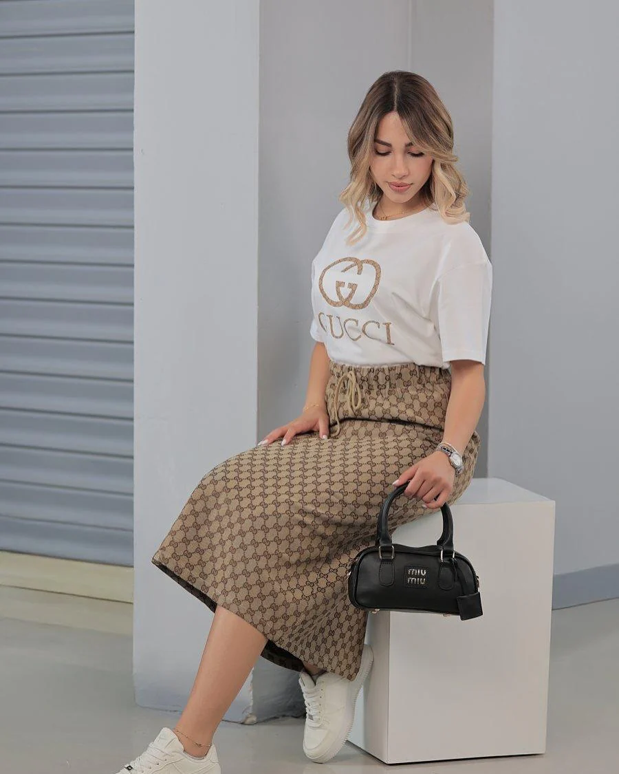 Casual short-sleeved slim fit cool silk midi skirt suit