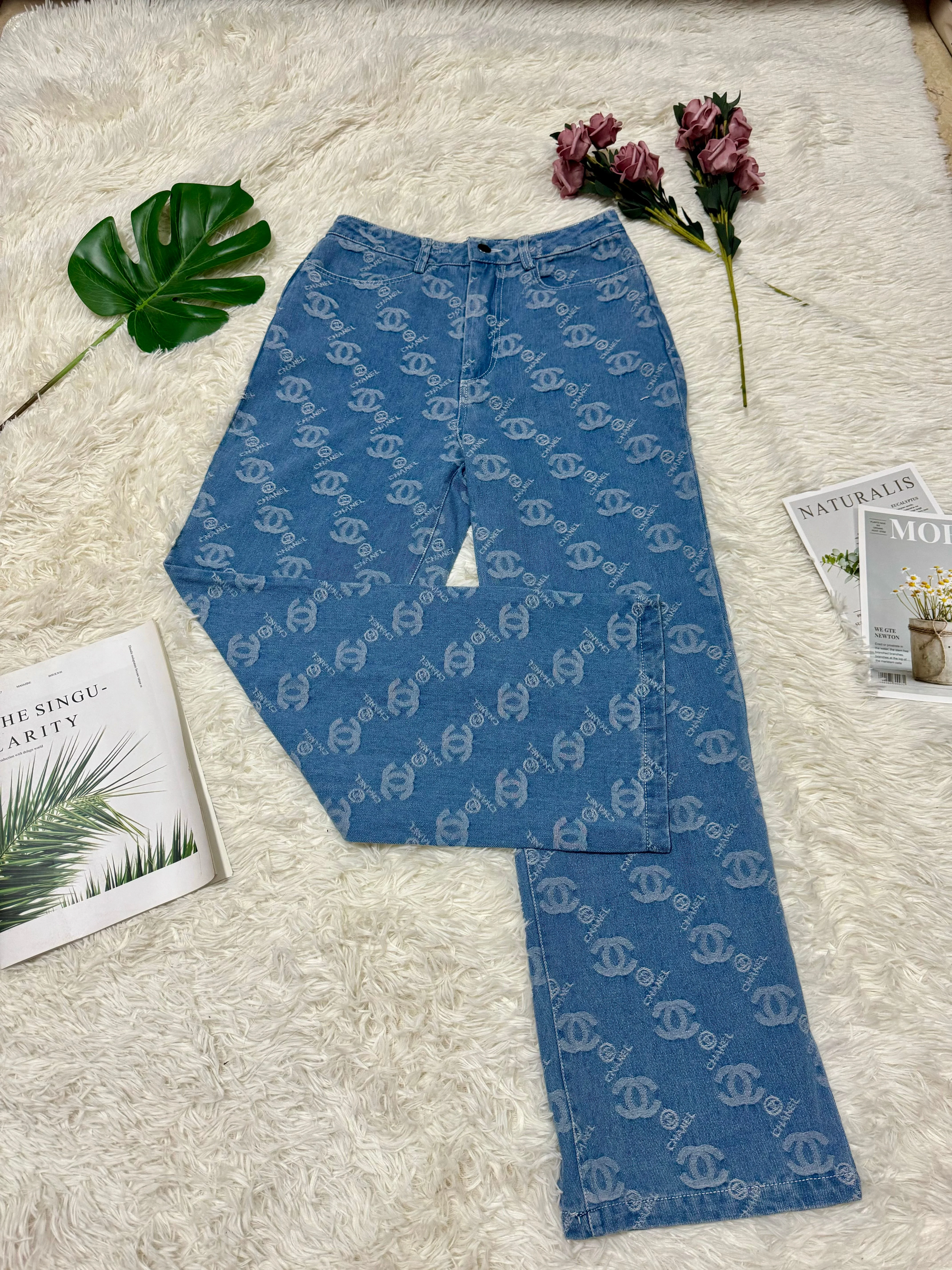 Slim-fit jacquard wide-leg long jeans