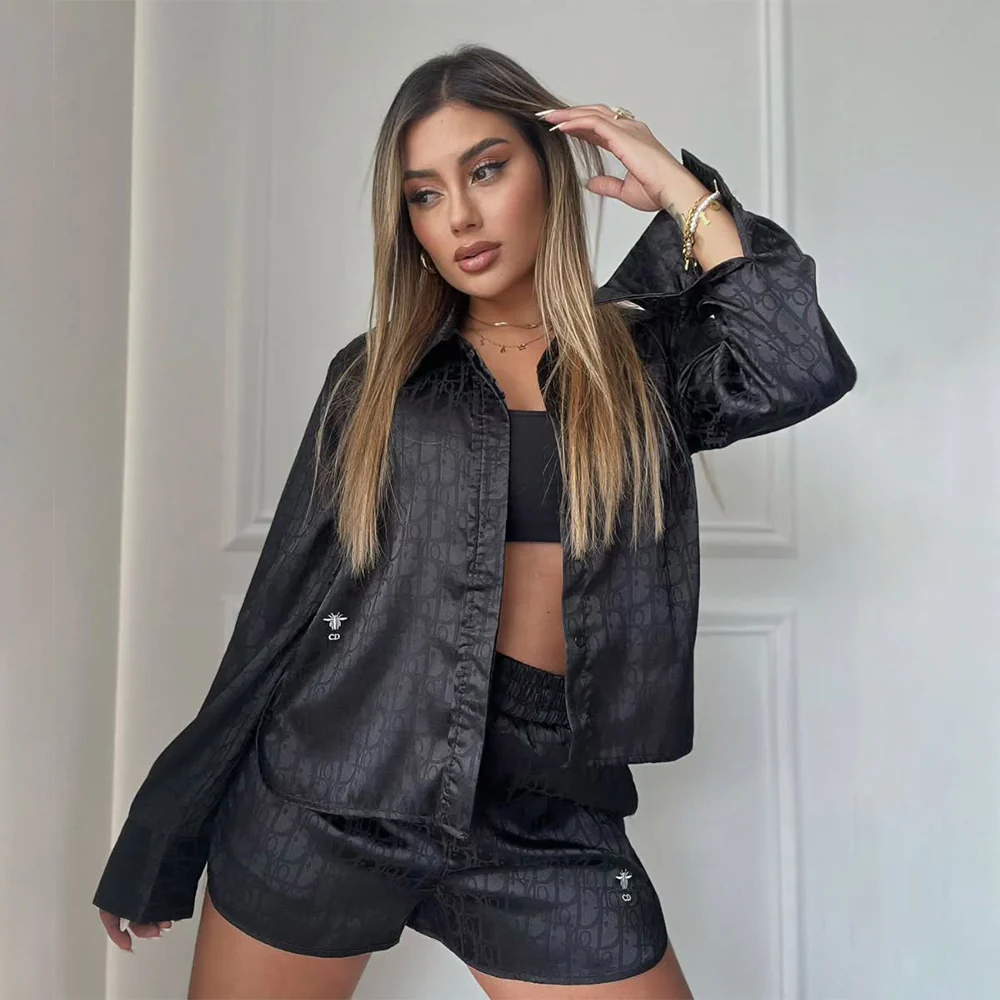 High-end satin embroidery long-sleeved shorts suit