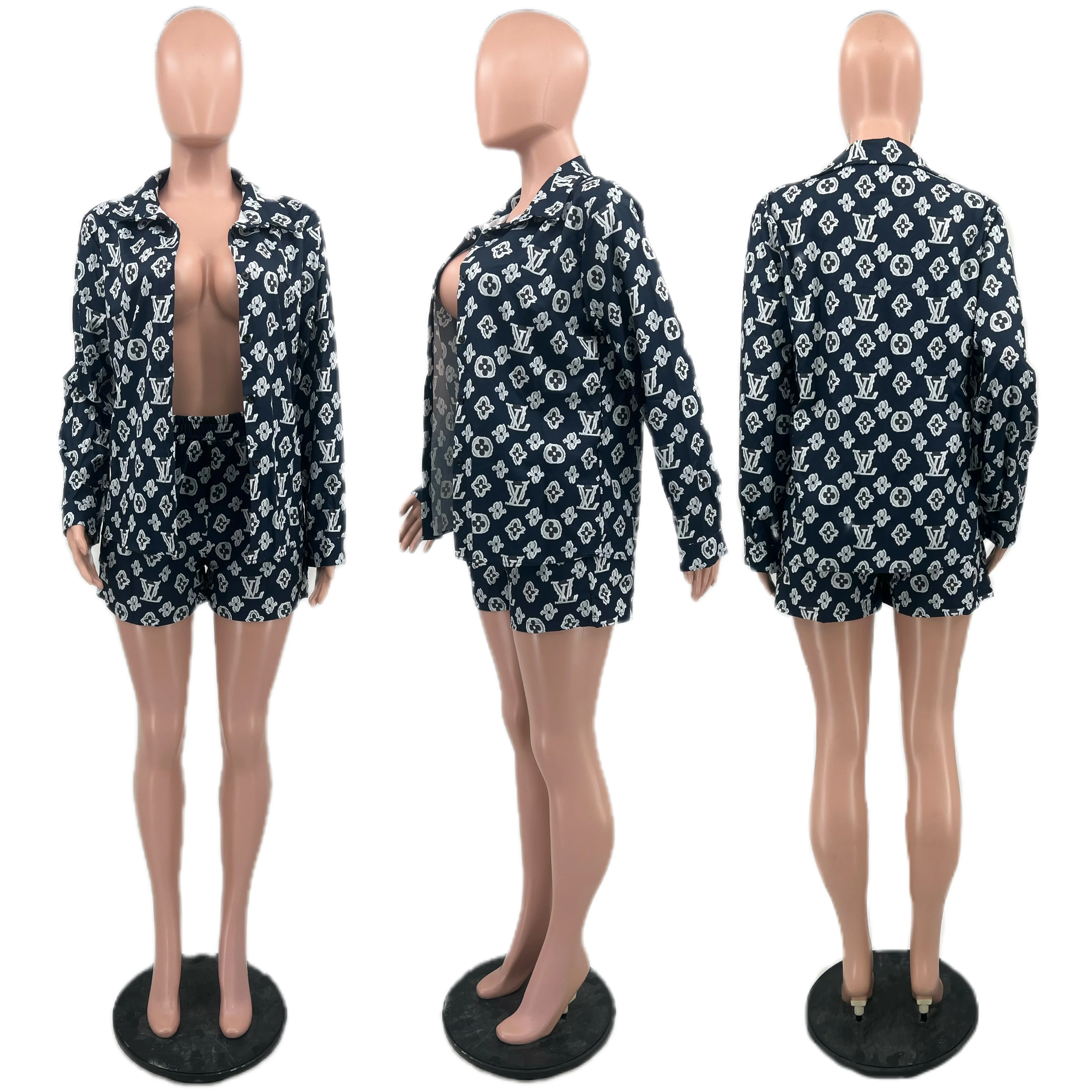 Fashion Print Lightweight Pocket Long Sleeve Shorts 2-Piece Set