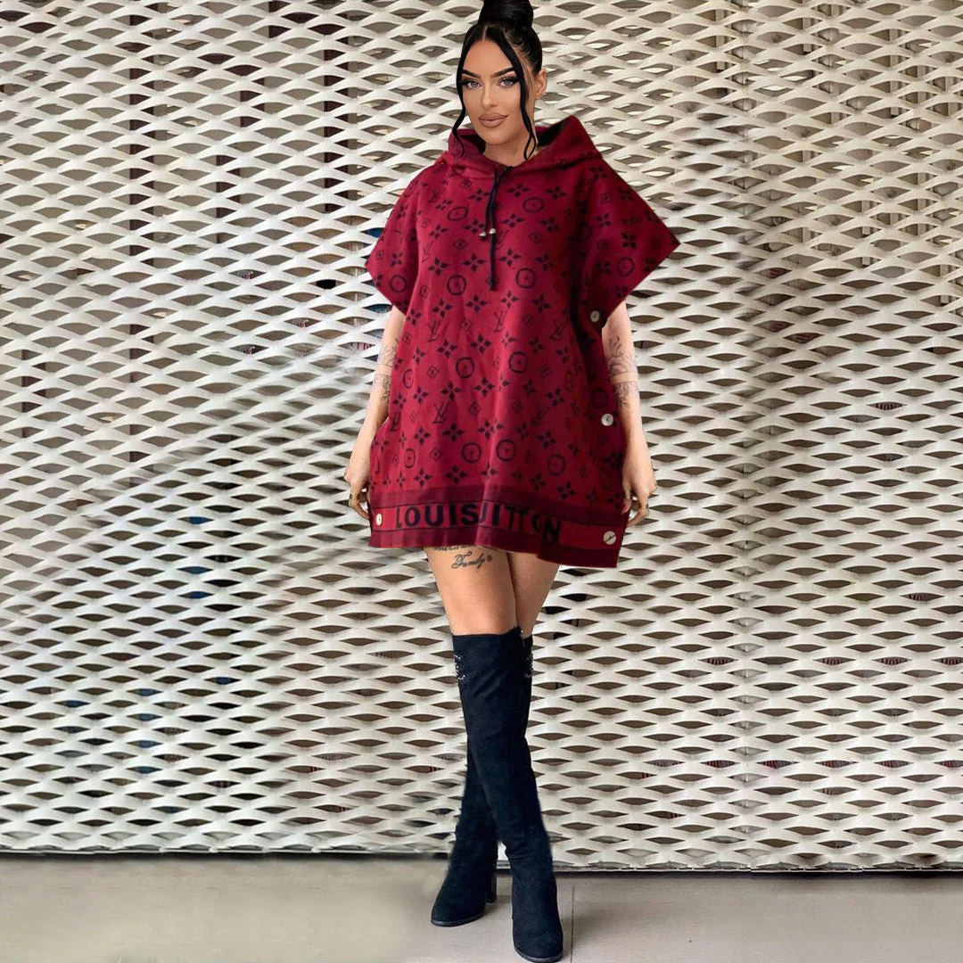 Printed loose hooded buttoned wool coat dress