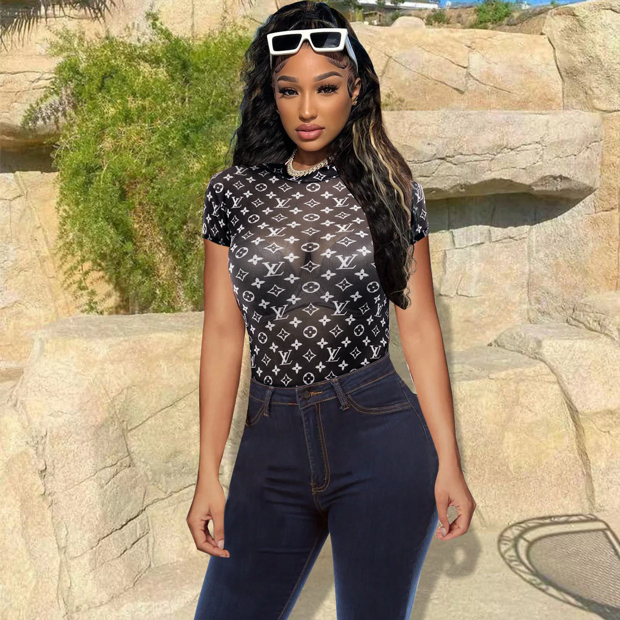 Pullover print breathable see-through foreign style slim high elastic mesh top