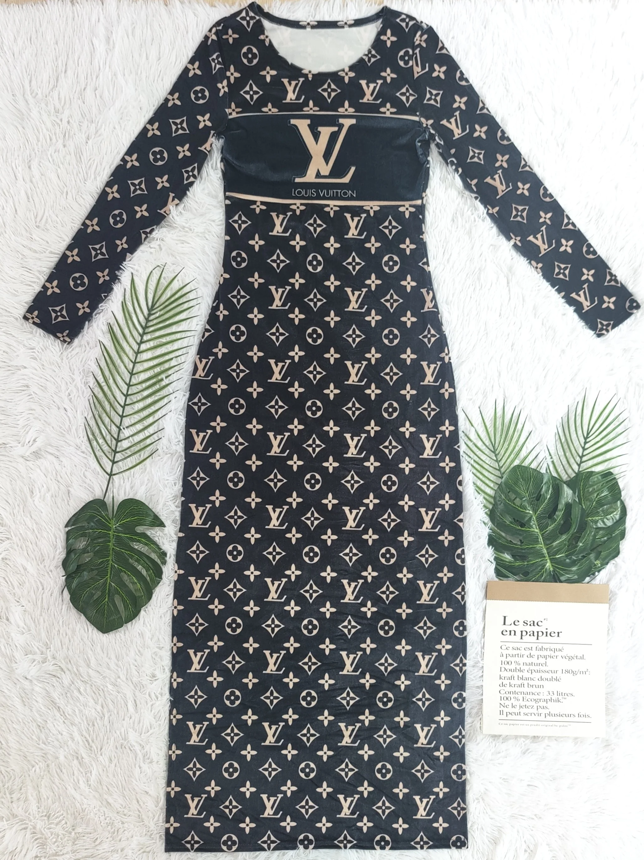 Party casual fashion print slit soft warm Korean velvet winter long-sleeved dress