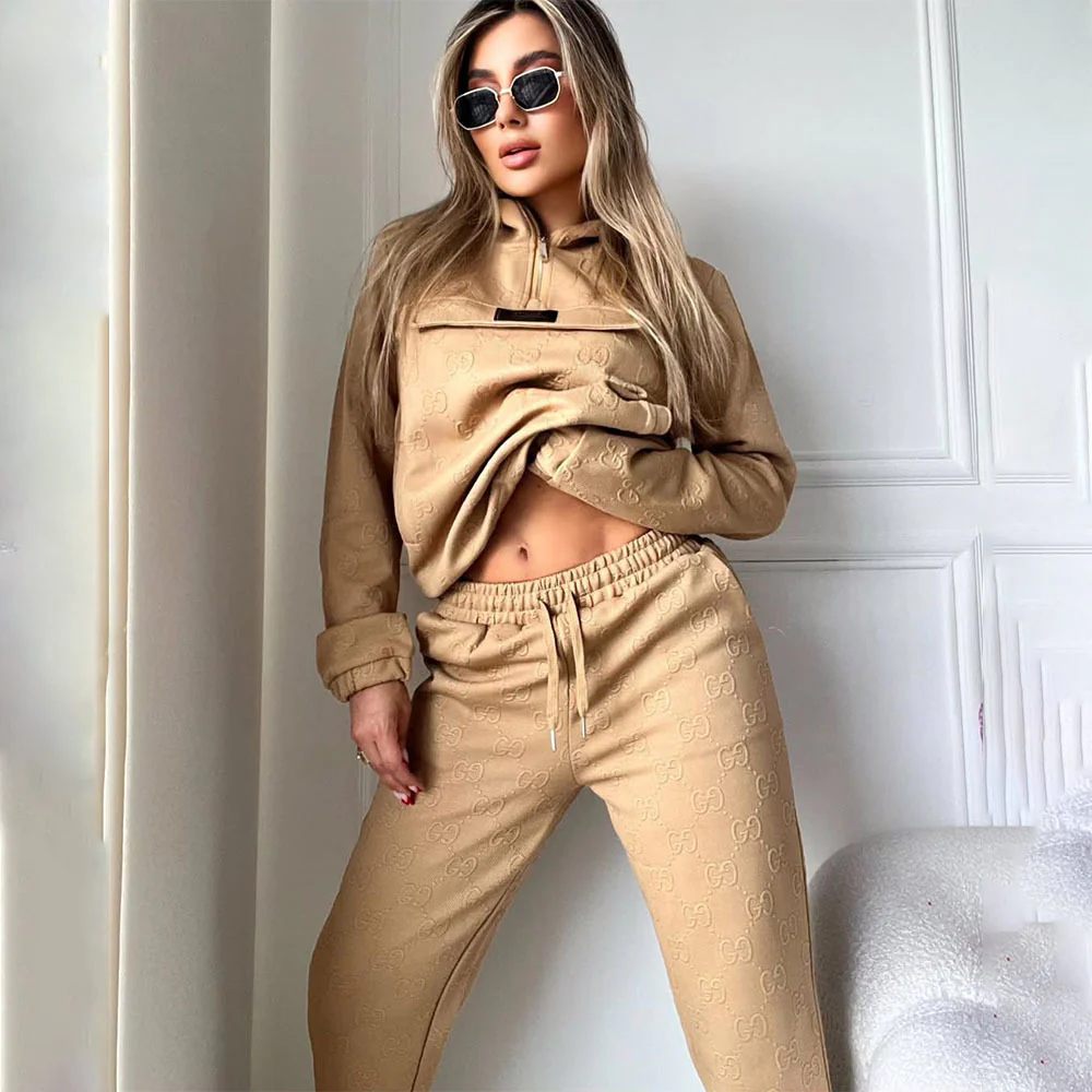 Embossed Zipper Hooded Set