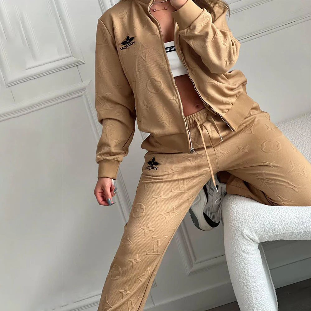 Embroidered ribbed zipper two-piece set