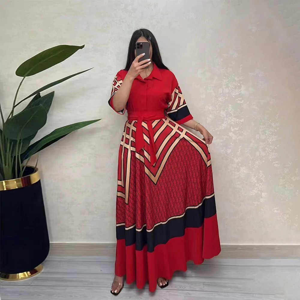 Elegant and sophisticated shirt-style tie-waist skirt with a full skirt