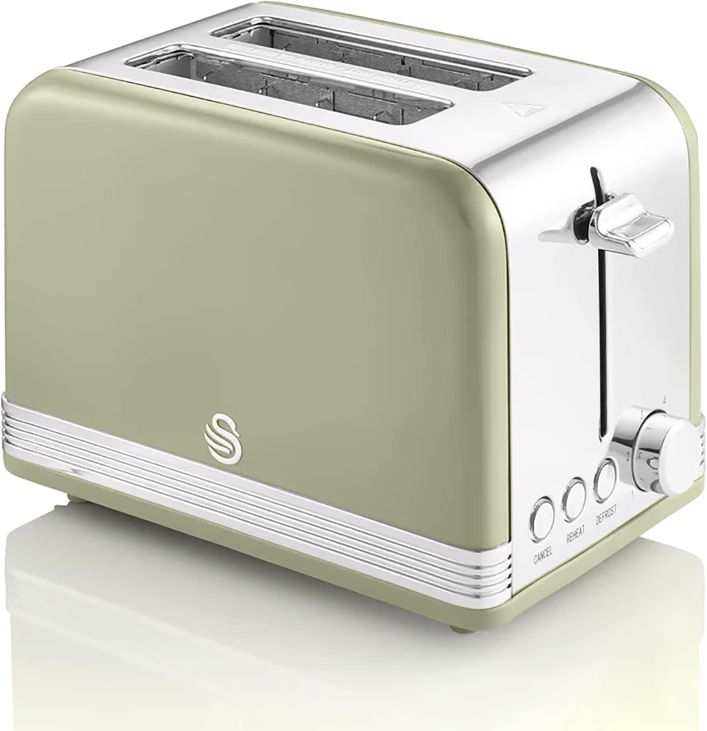 Swan Retro Breakfast Set 1.8 L Wireless Kettle with Stainless Steel Heating Element, Large Slot Toaster, 2 Slices, 6 Levels Roasting Regulator, Vintage Design, Green STP7050GNEU