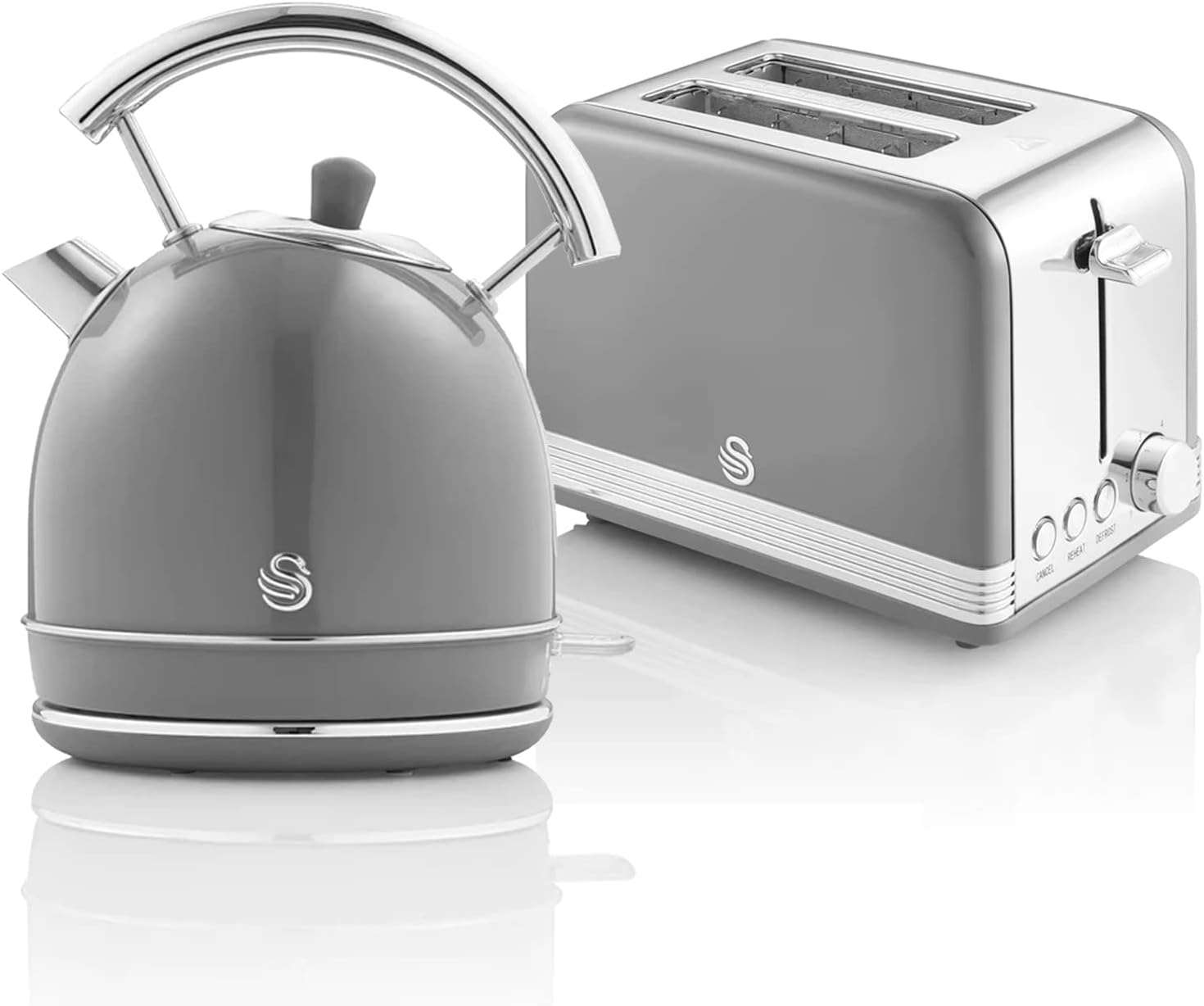 Swan Retro Breakfast Set 1.8 L Wireless Kettle with Stainless Steel Heating Element, Large Slot Toaster, 2 Slices, 6 Levels Roasting Adjuster, Vintage Design, Grey