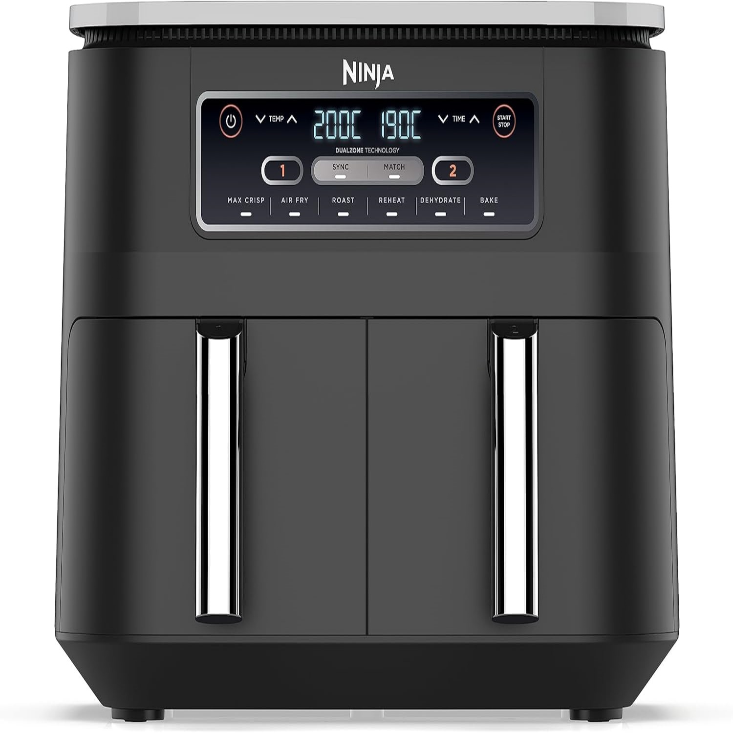 Ninja Foodi Dual Zone Digital Air Fryer, 2 Drawers, 7.6L, 6-in-1, Uses No Oil, Air Fry, Max Crisp, Roast, Bake, Reheat, Dehydrate, Cooks 4-6 Portions, Non-Stick, Dishwasher Safe Baskets, Black AF300UK