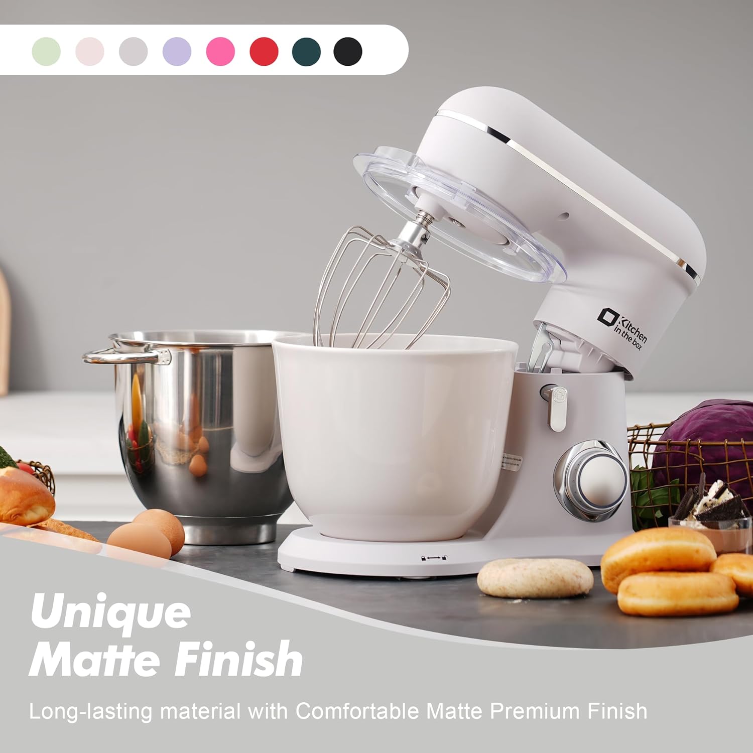 Kitchen in the box Batidora de pie, 4.5QT+5QT, mezclador eléctrico de cocina con dos tazones, 10 velocidades, acabado mate, batidora de alimentos con batidor de huevo, gancho de masa, batidor plano