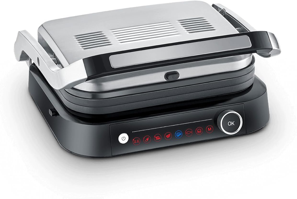 SEVERIN SEVINI PRO KG 2395 Electric Grill Pan, Adjustable Temperature up to 230°, Digital Display, 7 Automatic Programs, 180° Opening, Dishwasher-Safe Plates