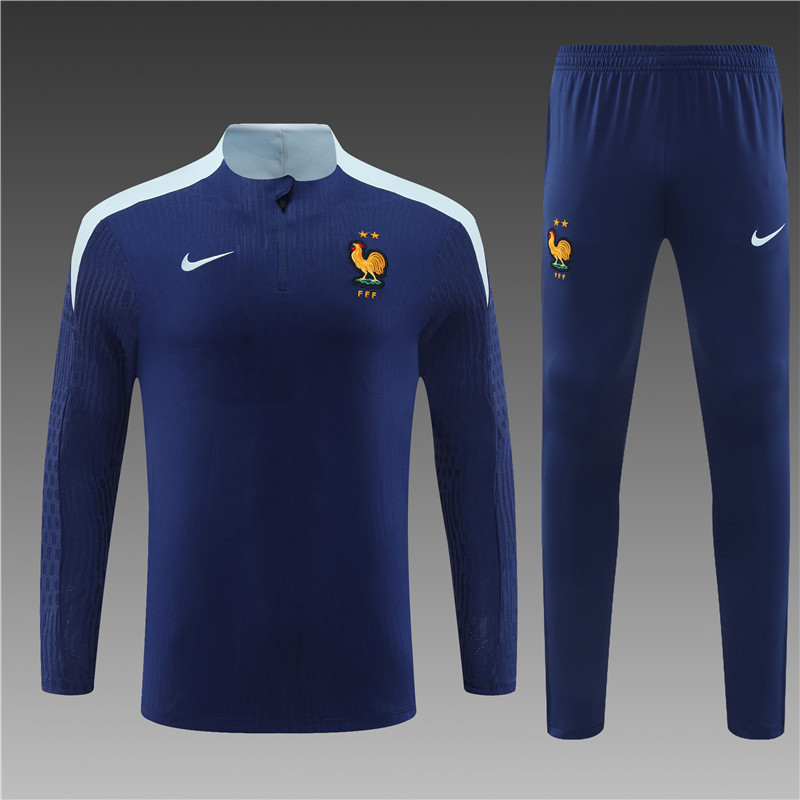 2024/2025 Player Edition France Prematch Jersey Royal Blue Half-zip training suit Football Jersey