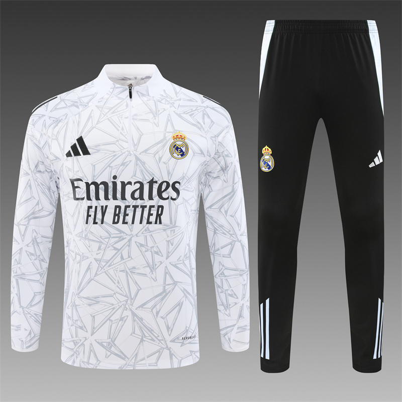 2024/2025 Player Edition Real Madrid Pre-match Jersey White Grey Camouflage Edition Half-zip training suit Football Jersey