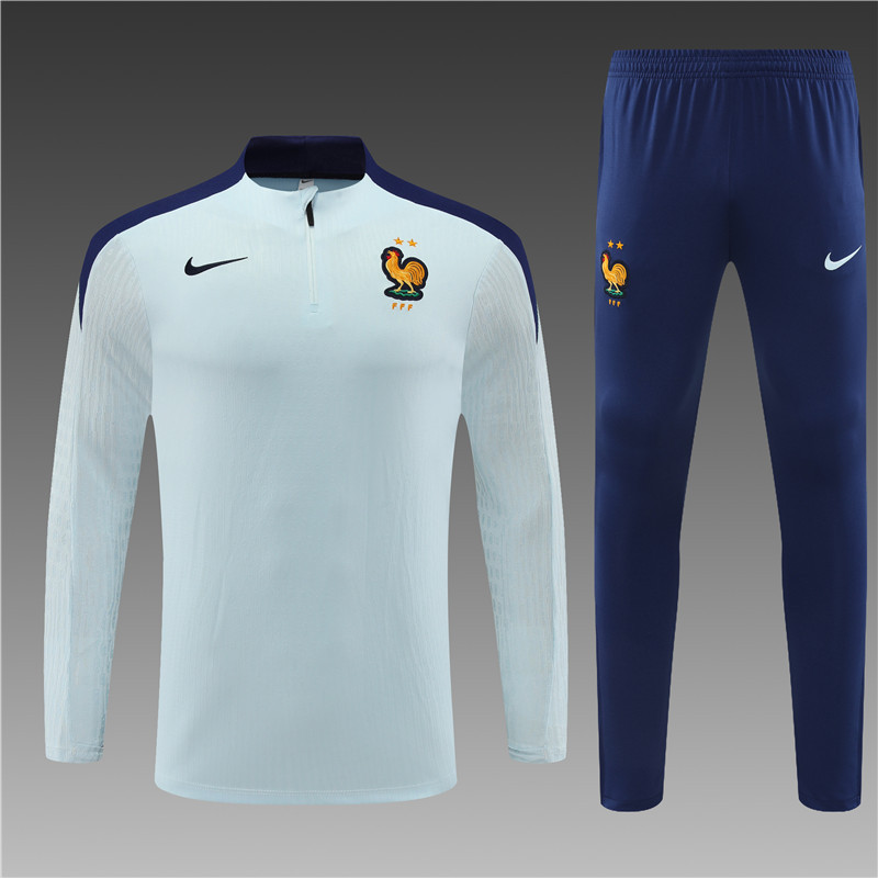 2024/2025 Player Edition France Prematch Jersey Light Blue Half-zip training suit Football Jersey