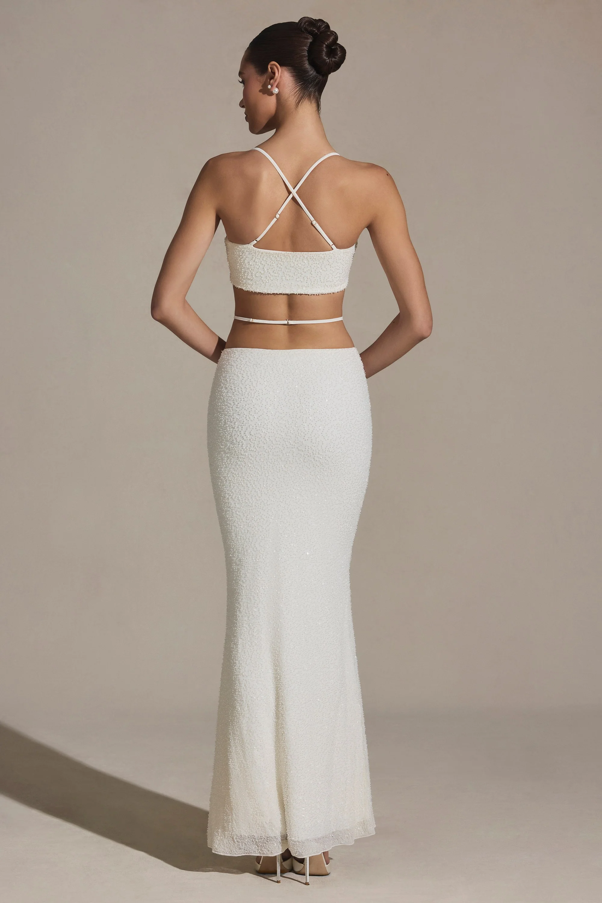 Embellished Strappy Maxi Skirt in White