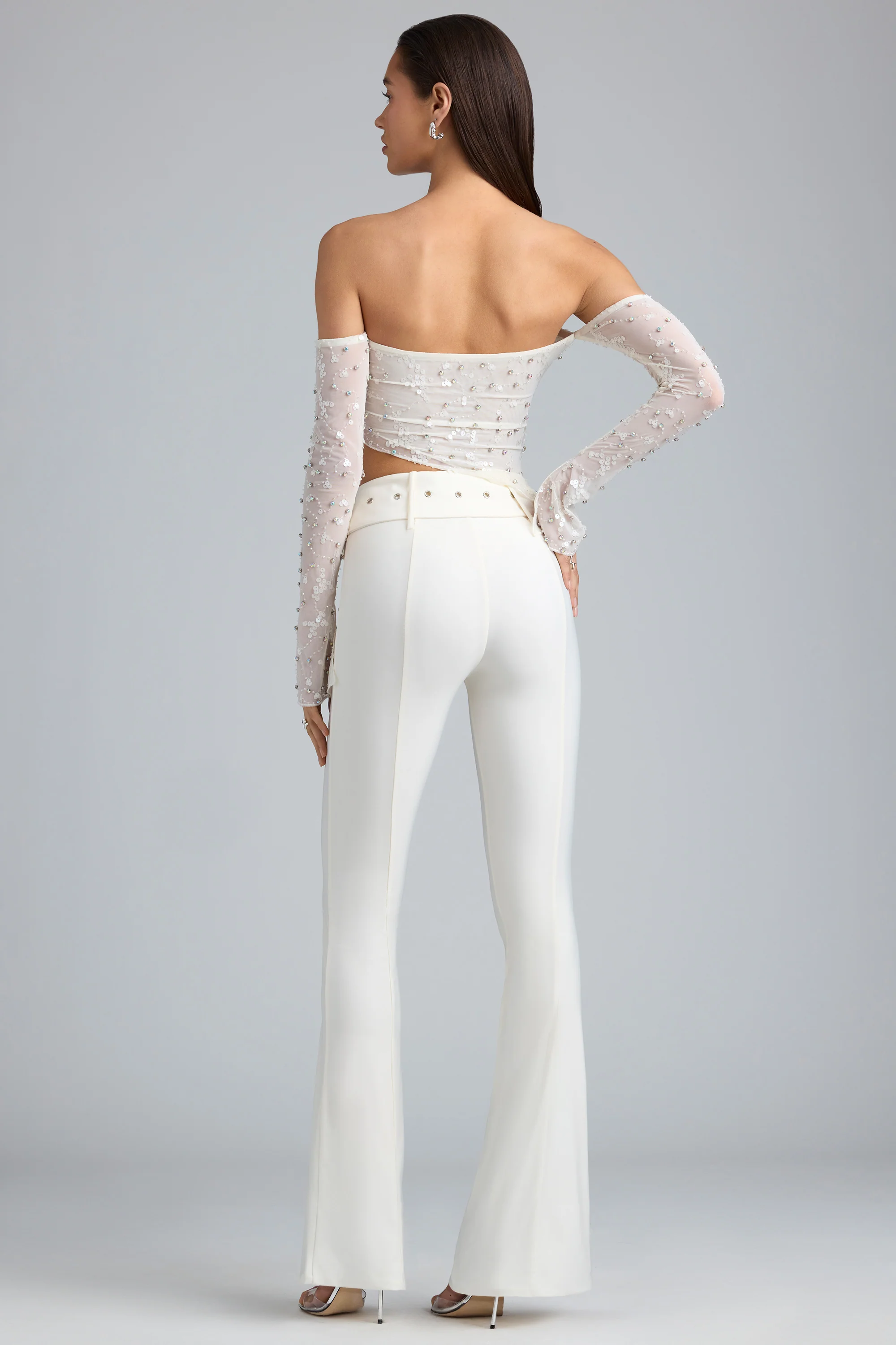 Tall Metallic Belted Mid-Rise Flared Trousers in Ivory