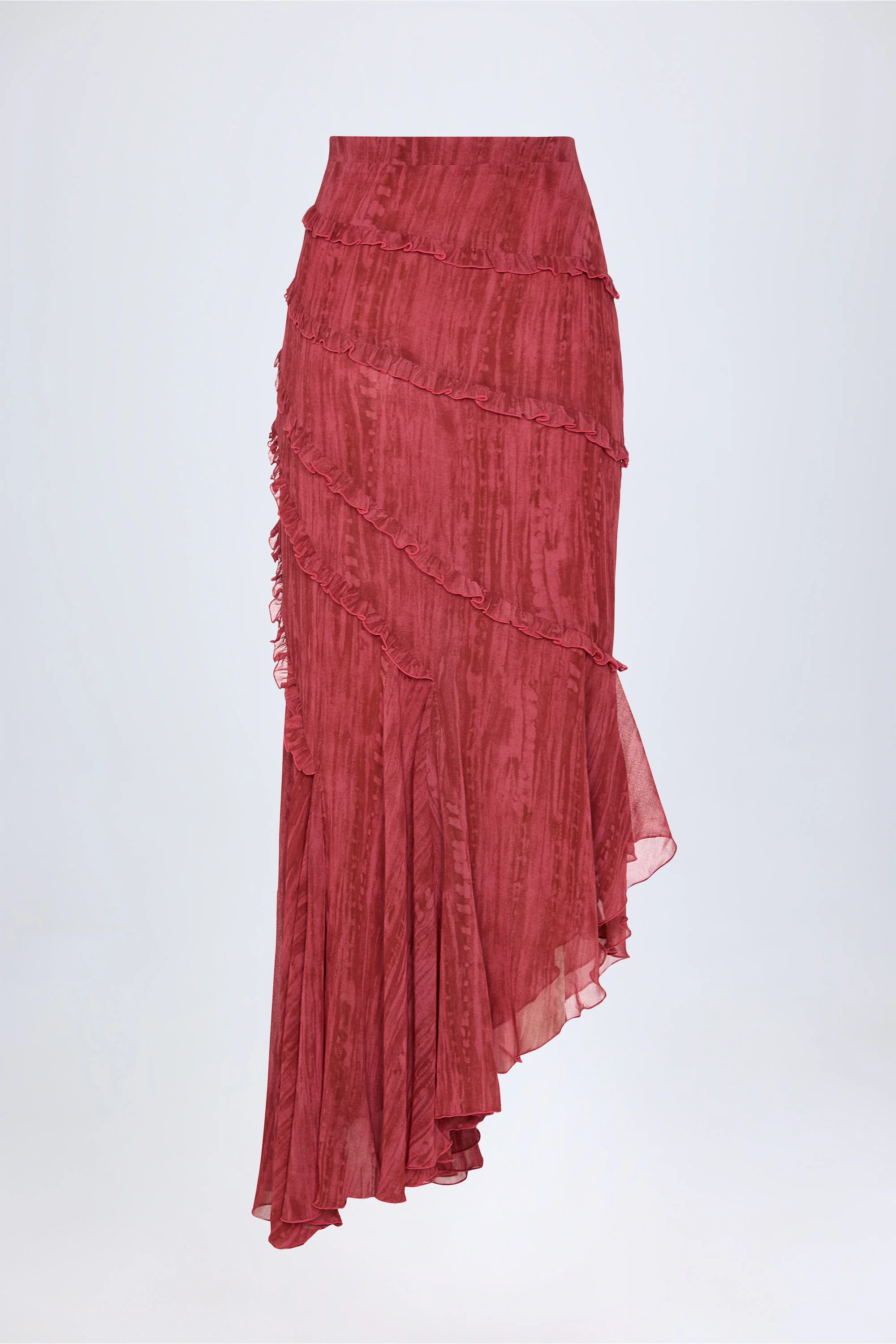 Ruffled Asymmetric Mid-Rise Maxi Skirt in Red Print