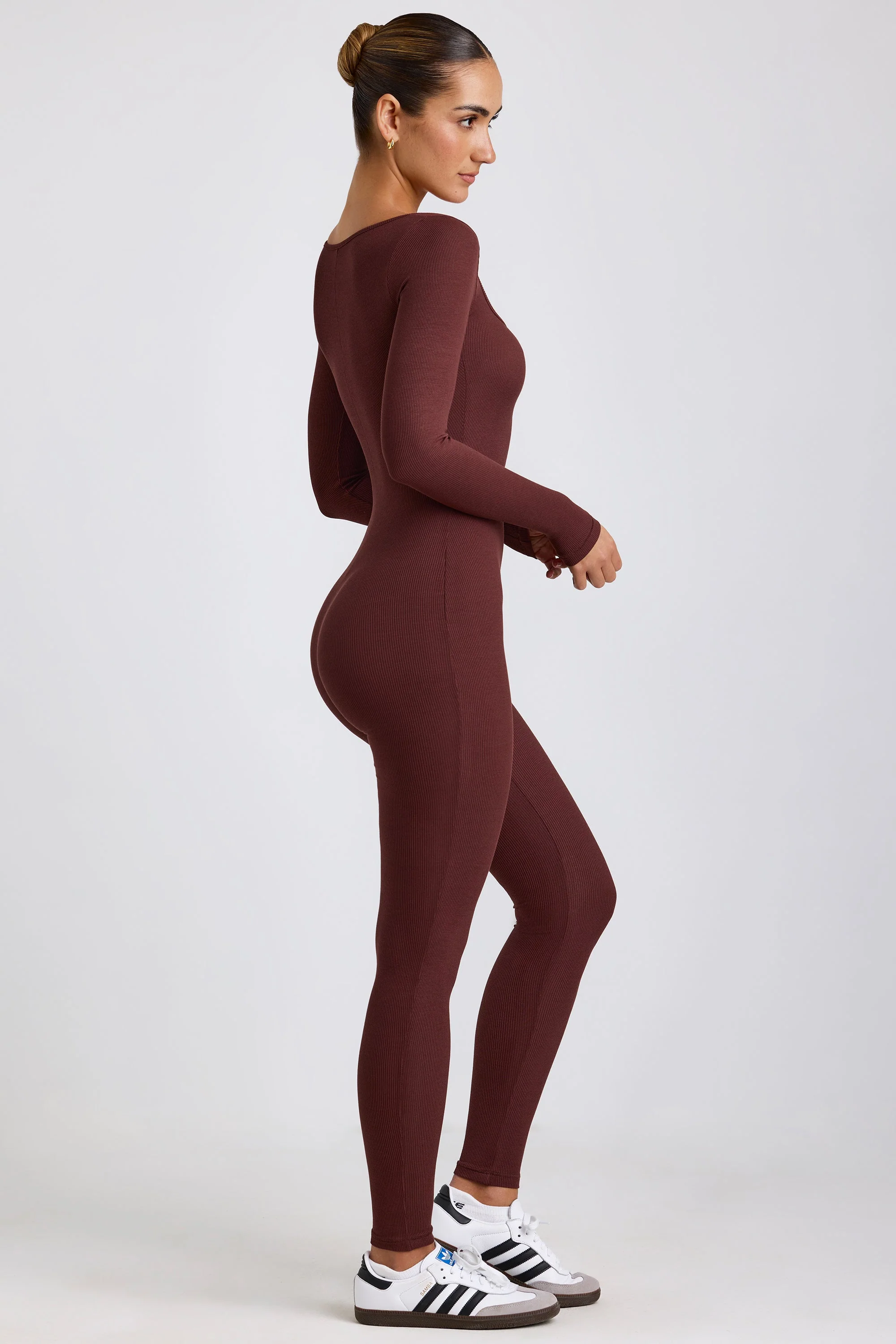 Petite Ribbed Modal Long Sleeve Jumpsuit in Espresso
