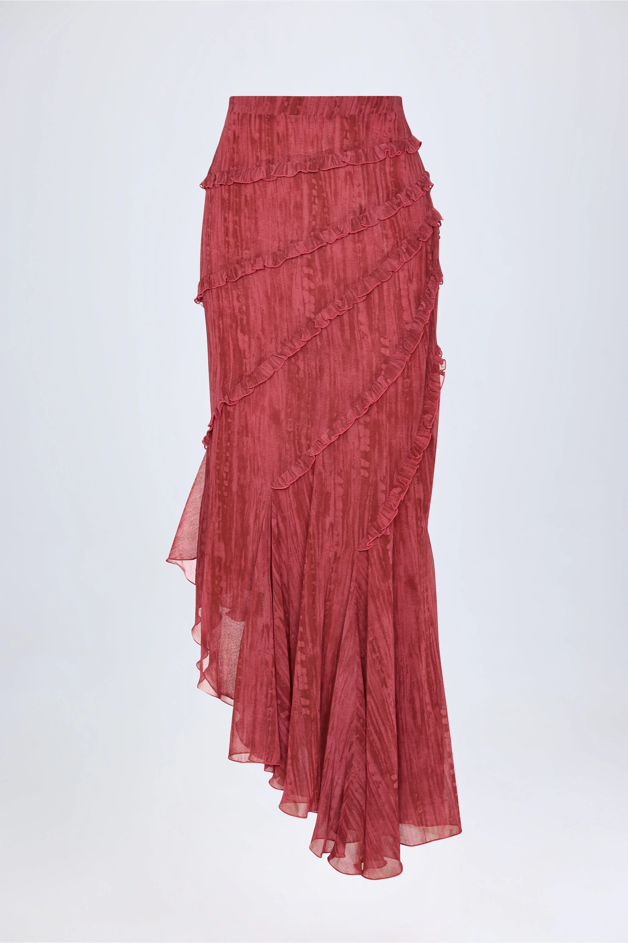 Ruffled Asymmetric Mid-Rise Maxi Skirt in Red Print