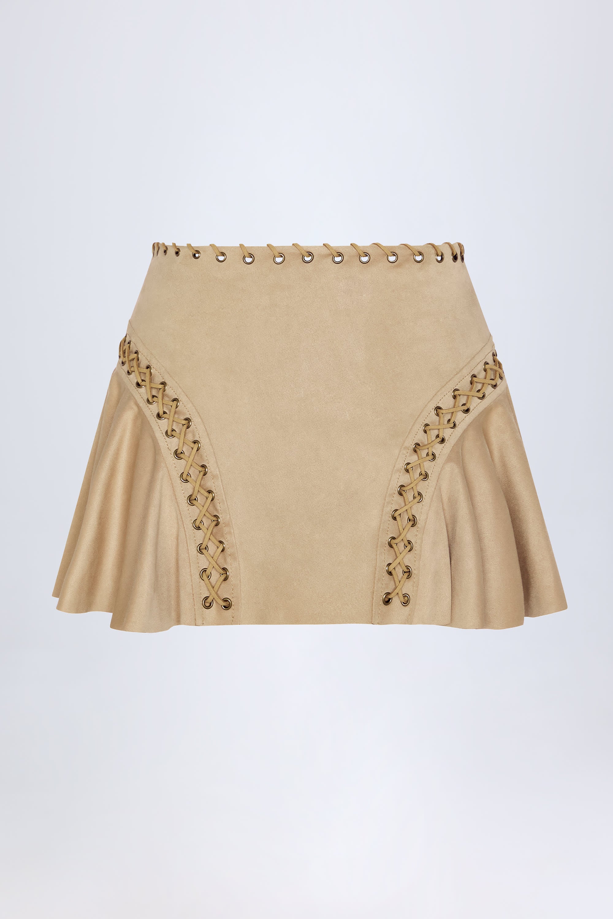 Lace-Up Mid-Rise Mini Skirt in Tan