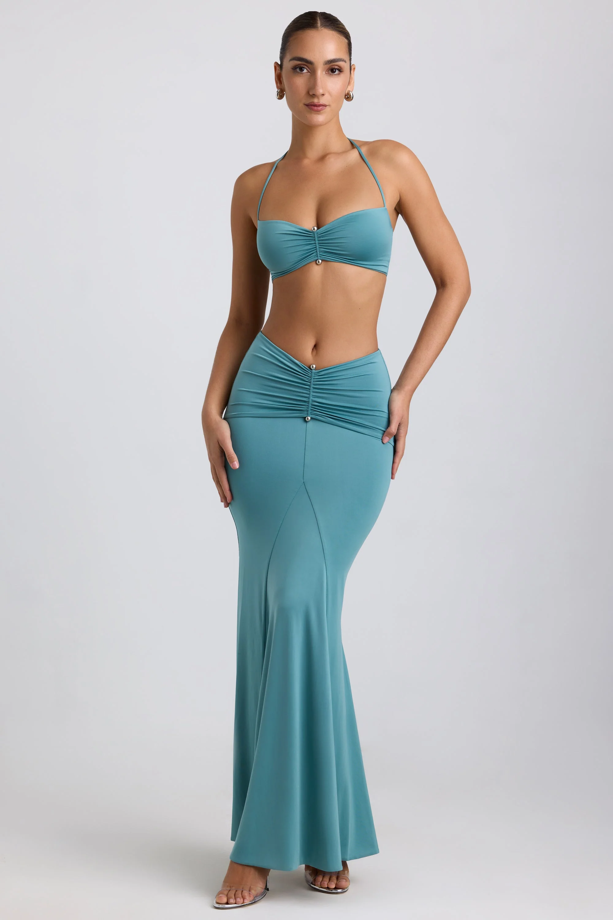 Slinky Jersey Hardware Detail Halterneck Bralette in Sea Green
