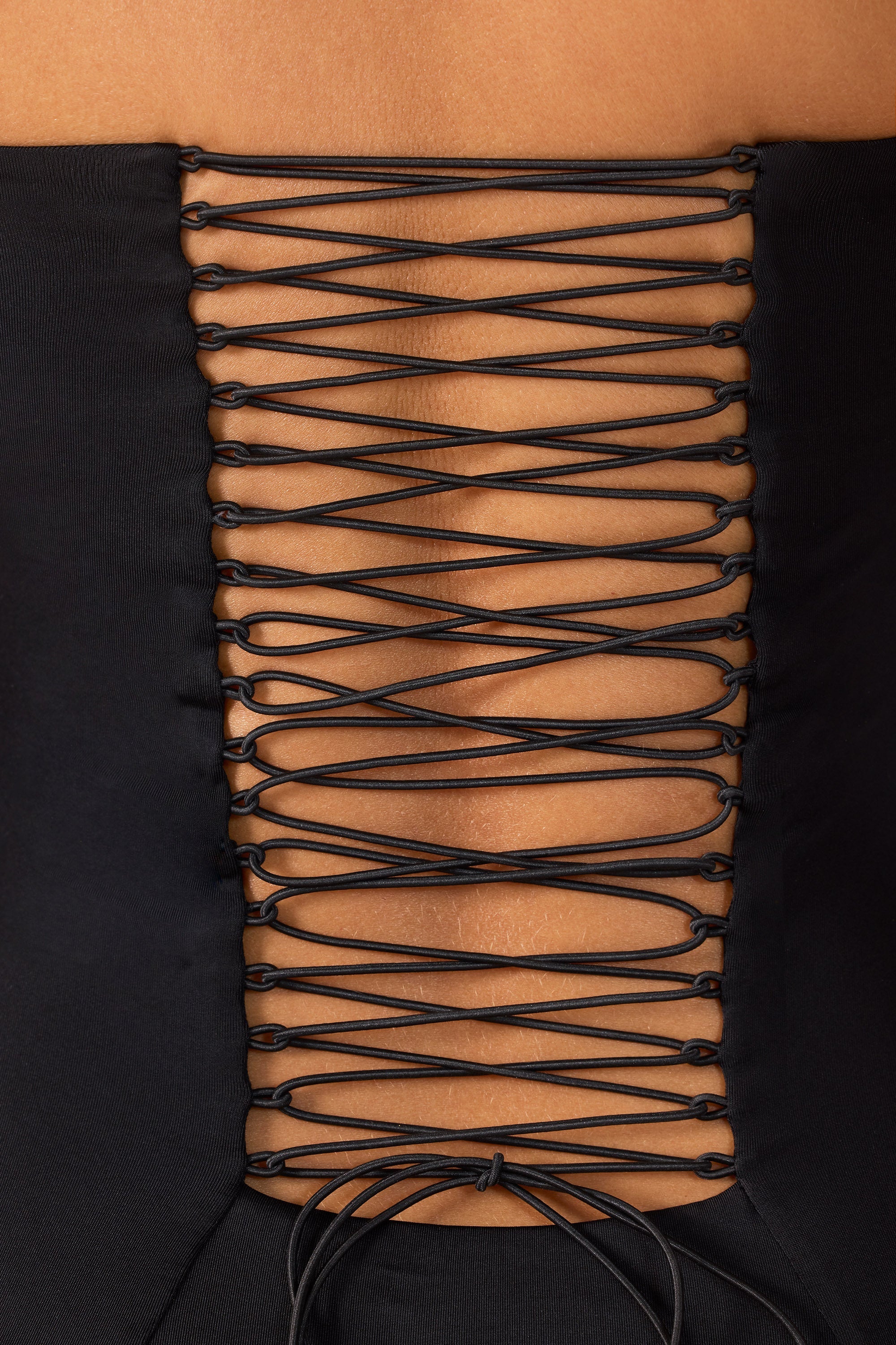 Premium Jersey Lace Up Back Mini Dress with Train in Black